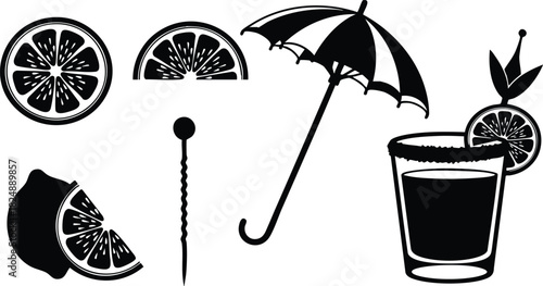 Black silhouette vector of citrus slices cocktail umbrella and drink glass