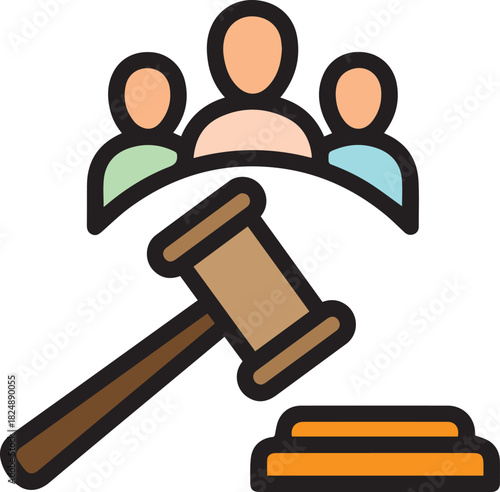 Three stylized figures above a wooden gavel and sound block representing justice and legal proceedings