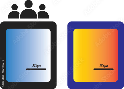 Two graphic icons one with three black people silhouettes above a blue gradient screen with the word Sign and a line below it and another with a yellow orange gradient screen with the word