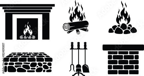 Fireplace and fire elements vector icons set