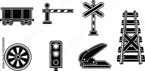 Railroad train track and signal vector icons set