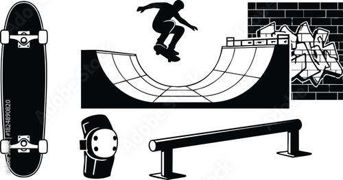 Skateboard silhouette set with skater performing tricks and urban elements