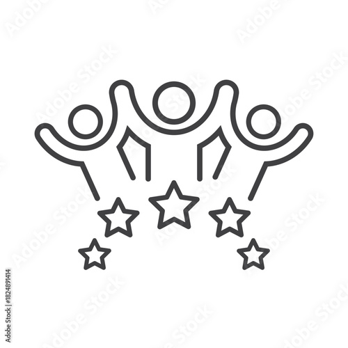 Happy people with five stars. Doodle cute illustration about the product quality. Isolated vector Idea of feedback and review.