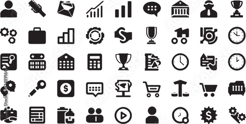 Set of black vector business and finance icons for web design including money, phone, and card symbols