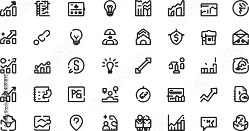 Set of black business, web, and technology icons for money, computer, phone, and media