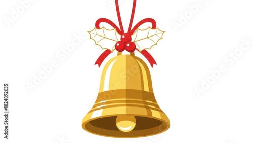 Golden Christmas Bell with Holly Ornament on White Background.