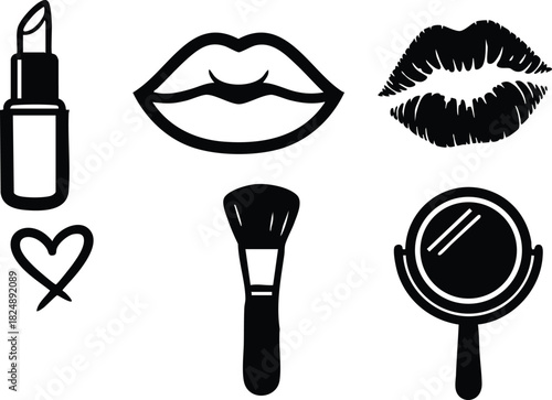 Makeup icons lipstick lips kiss heart brush mirror illustration