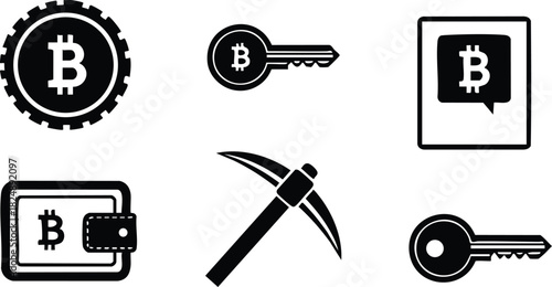 Bitcoin cryptocurrency icon set with mining pick and key symbols