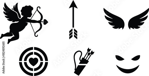 Cupid silhouette vector set with bow arrow wings target and mask