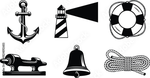 Nautical symbols anchor lighthouse life buoy bell rope and cleat vector illustration