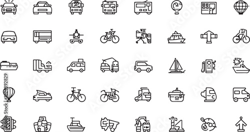 Transportation Icon Set Featuring Cars, Buses, Boats, and Air Travel vehicle symbol