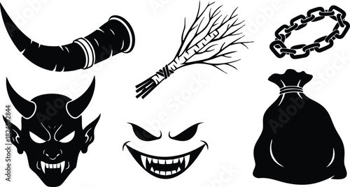 Dark silhouette set with devil face horn chain broom and sack elements