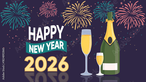 Celebrating new year 2026 with champagne and fireworks display