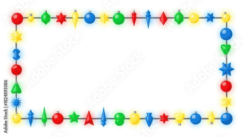 Christmas lights frame with holiday border, and festive decor on white.