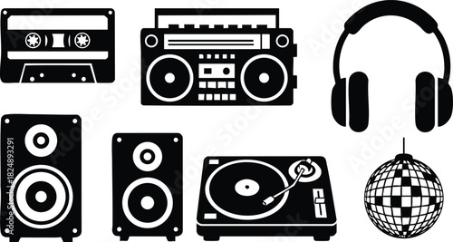 Retro music cassette boombox headphones speaker turntable disco ball vector illustration