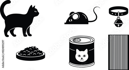 Cat silhouette and pet food icons vector illustration