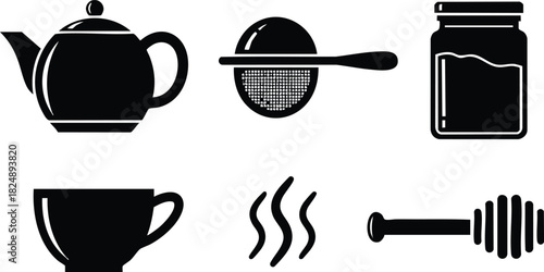 Black silhouette tea set with teapot cup strainer honey dipper and jar vector illustration
