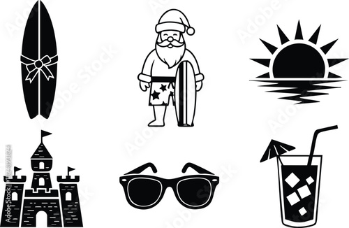 Summer beach icons with santa surfing and sun silhouette