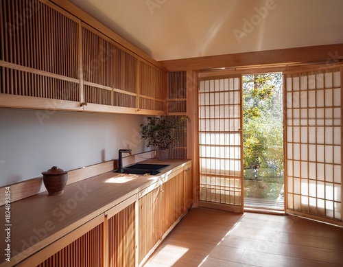 minimalist japanese inspired kitchen with low wooden cabinetry sliding shoji doors sunlight entering softly from skylight