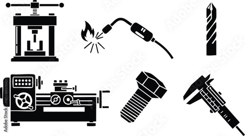 Industrial tools and mechanical equipment vector set in black silhouette style