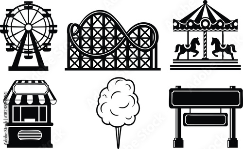 Amusement park icons set with roller coaster ferris wheel carousel cotton candy and ticket booth