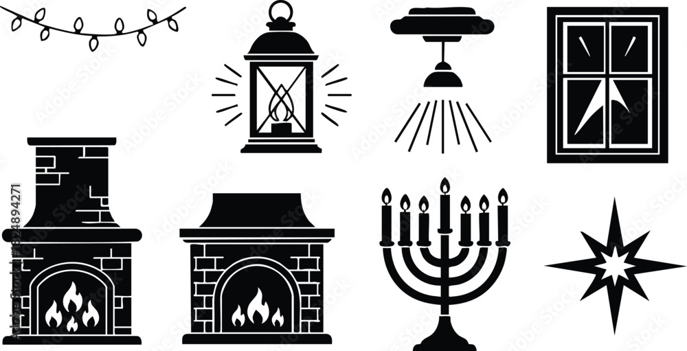 Fototapeta premium Fireplace lantern window menorah star and holiday lights icons vector design