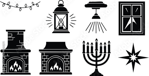 Fireplace lantern window menorah star and holiday lights icons vector design
