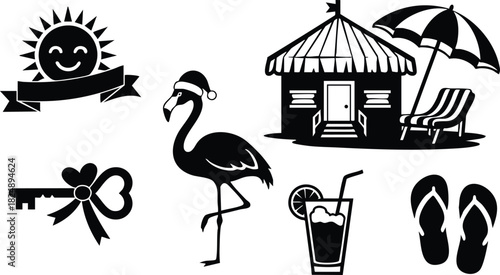 Summer holiday icons set with sun flamingo beach house cocktail flip flops vector