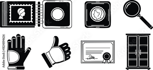 Vintage black silhouette icons collection including photo album camera magnifying glass gloves certificate and wardrobe