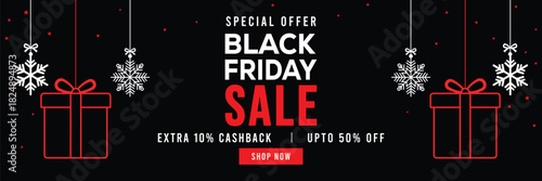 Festive Black Friday sale banner with hanging snowflakes and gift boxes, bold red and white typography on black background, special offer, extra cashback and discounts, modern holiday promotion design