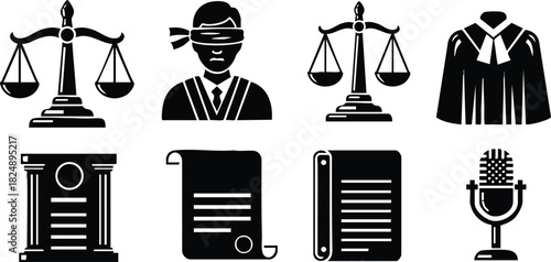 Legal justice icons set with judge scales documents and microphone vector illustration