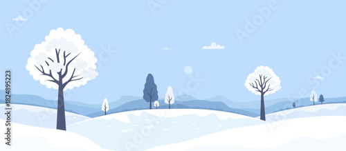 Winter Landscape with Snowy Trees and Hills. Calm Seasonal Nature. Minimal flat winter-time horizontal background banner. Vector illustration. Not AI
