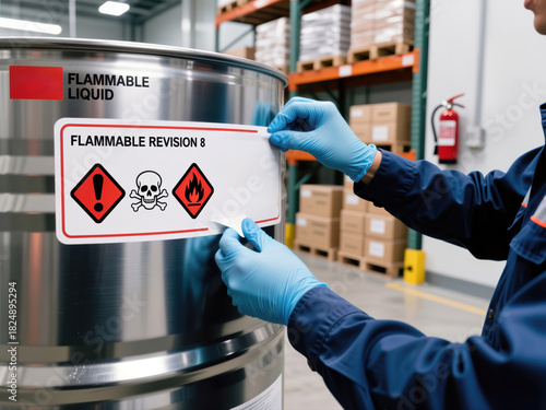 Worker in gloves applies a flammable liquid warning label to a chemical drum.