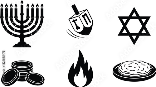 Hanukkah symbols vector set with menorah dreidel star fire coins and latke