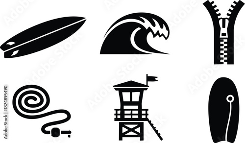 Surfing and beach accessories vector icons set