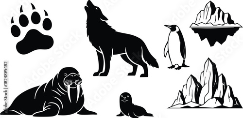 Arctic wildlife silhouettes including wolf penguin walrus seal icebergs and paw print