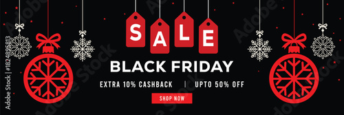 Festive Black Friday sale banner with hanging snowflakes and gift boxes, bold red and white typography on black background, special offer, extra cashback and discounts, modern holiday promotion design