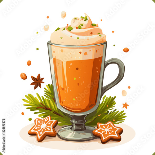 Vector illustration of a tall glass of Irish coffee with whipped cream, cinnamon stick, star anise, isolated on a white background. Vector illustration of winter beverage on white background