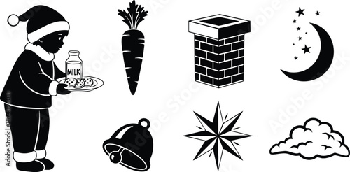 Silhouette christmas child holding milk and cookies with holiday symbols vector