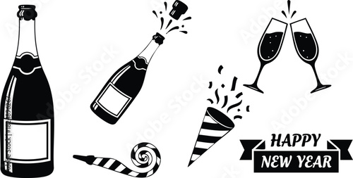 Black and white champagne bottle popping and new year celebration elements vector illustration