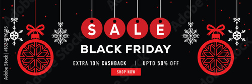 Festive Black Friday sale banner with hanging snowflakes and gift boxes, bold red and white typography on black background, special offer, extra cashback and discounts, modern holiday promotion design