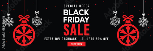 Festive Black Friday sale banner with hanging snowflakes and gift boxes, bold red and white typography on black background, special offer, extra cashback and discounts, modern holiday promotion design