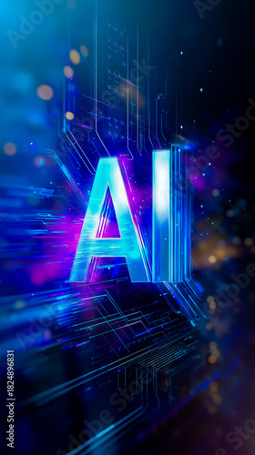 A digital artwork featuring the letters AI in a futuristic glowing font surrounded by a complex network of lines and shapes that suggest advanced technology or artificial intelligence