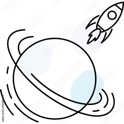 Line Art Rocket and Planet Icon for Startup Business Launch