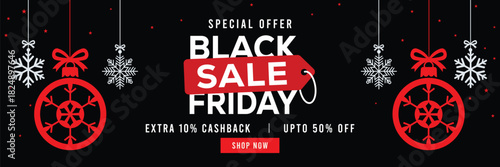 Festive Black Friday sale banner with hanging snowflakes and gift boxes, bold red and white typography on black background, special offer, extra cashback and discounts, modern holiday promotion design