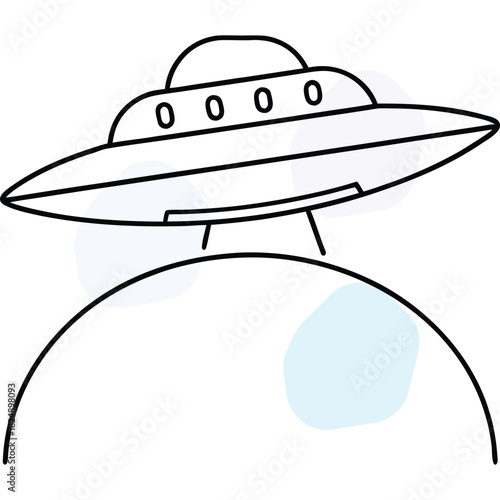 Line Art Illustration of an Alien Spaceship Above a Planet