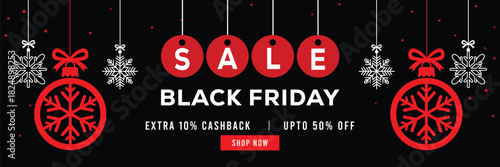 Festive Black Friday sale banner with hanging snowflakes and gift boxes, bold red and white typography on black background, special offer, extra cashback and discounts, modern holiday promotion design