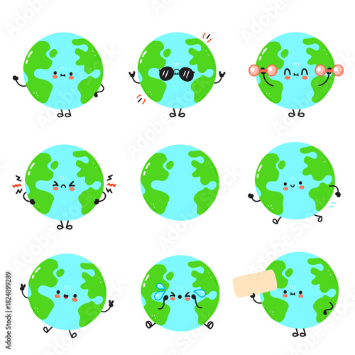 Earth character expressing different emotions and actions set