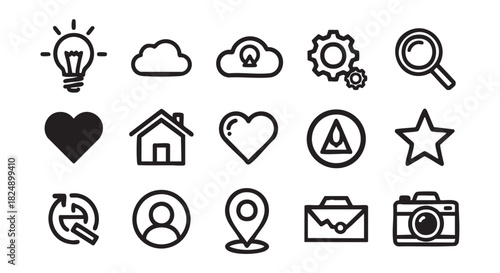 Basic icons including lightbulb cloud heart house refresh and user