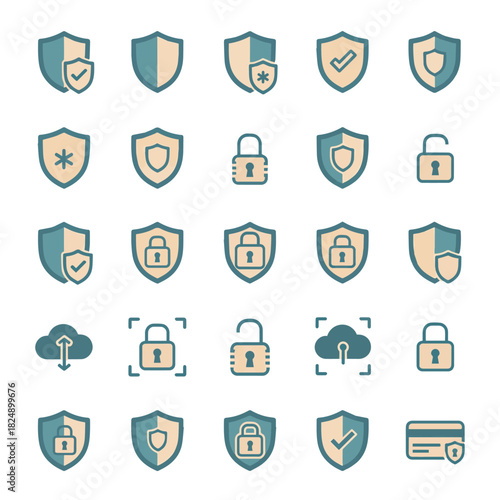 Versatile set of digital security icons symbolizing robust data protection, online privacy, network defense, and cybersecurity safeguards for modern digital environments